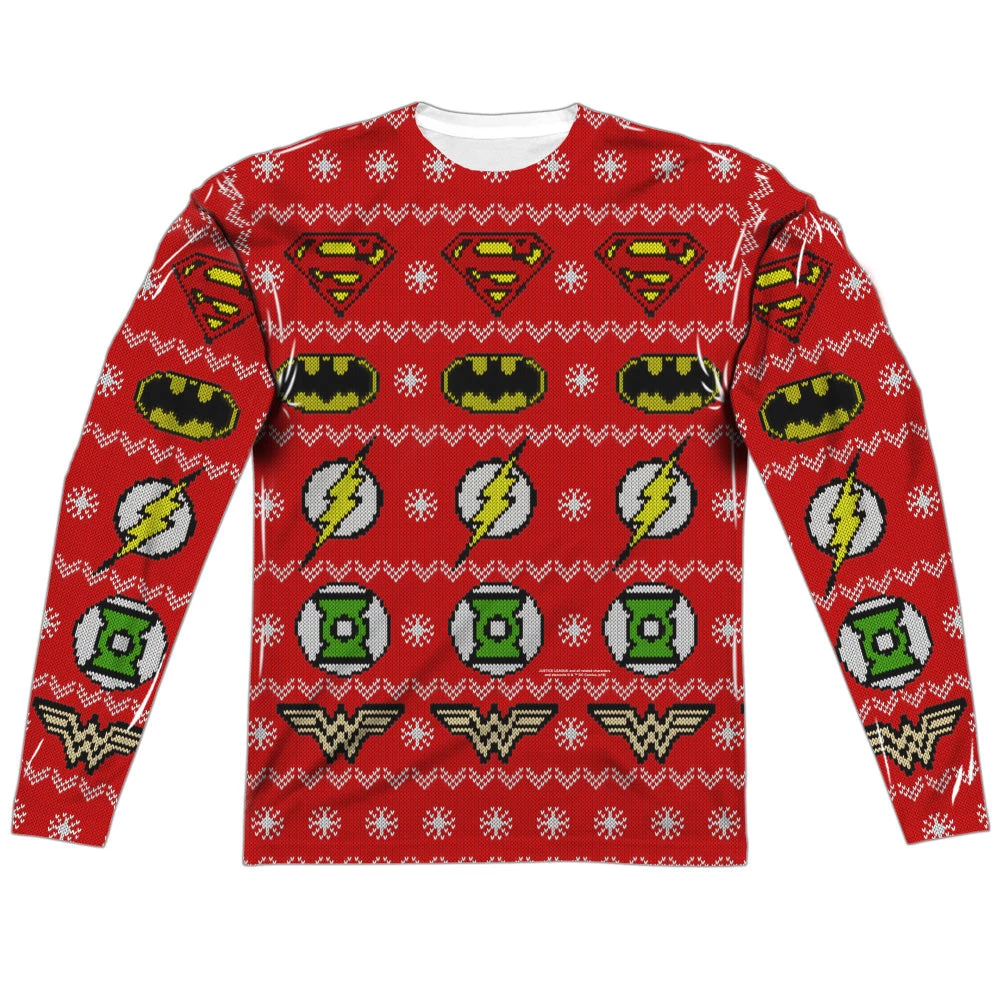 Trevco New Men's Jla Sweater Of Justice Sublimated Long Sleeve Tee 1 Trevco New Men's Jla Sweater Of Justice Sublimated Long Sleeve Tee