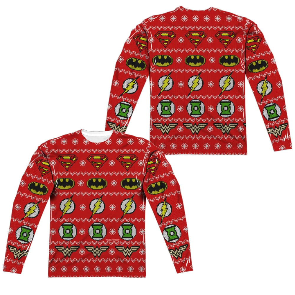 Trevco New Men's Jla Sweater Of Justice Sublimated Long Sleeve Tee 3 Trevco New Men's Jla Sweater Of Justice Sublimated Long Sleeve Tee