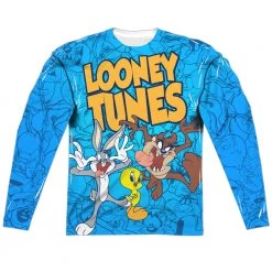 Trevco New Men's Looney Tunes Collage Of Characters Sublimated Long Sleeve Tee