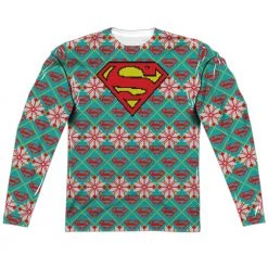 Trevco Men's Superman Shield Christmas Sweater Sublimated Long Sleeve Tee New