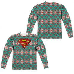 Trevco Men's Superman Shield Christmas Sweater Sublimated Long Sleeve Tee New