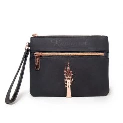 Buckle-Down Disney Tangled Rapunzel Script Debossed Black Wristlet With Rose Gold Castel Emblem